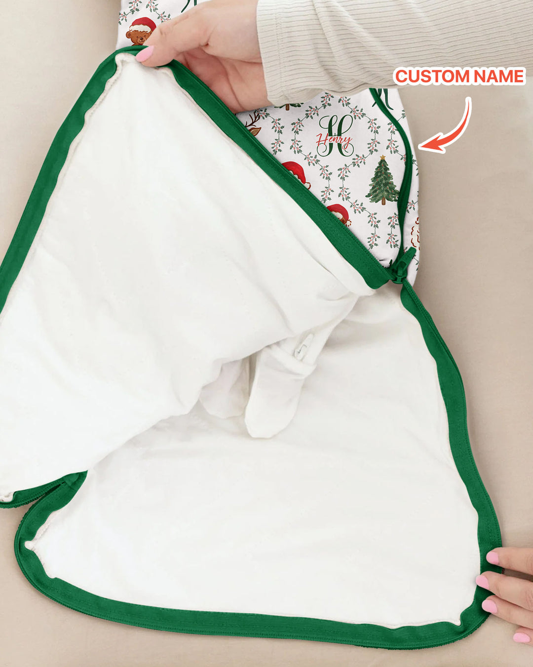 Custom name "Fancy Monogram Green Christmas 2026" Bamboo Sleep Bag