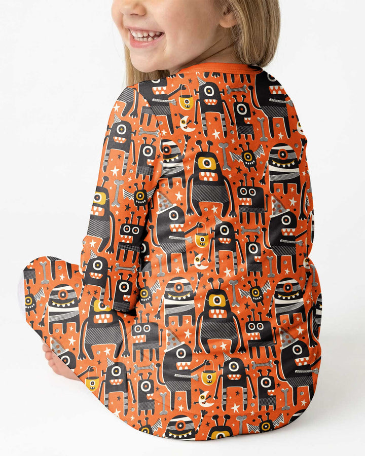 Mid Century Halloween Monster Toss Bamboo Two Piece Long Sleeve Pajama Set