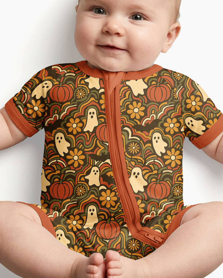 Retro Halloween Ghost Pumpkin Floral Bamboo Shorty Zippy