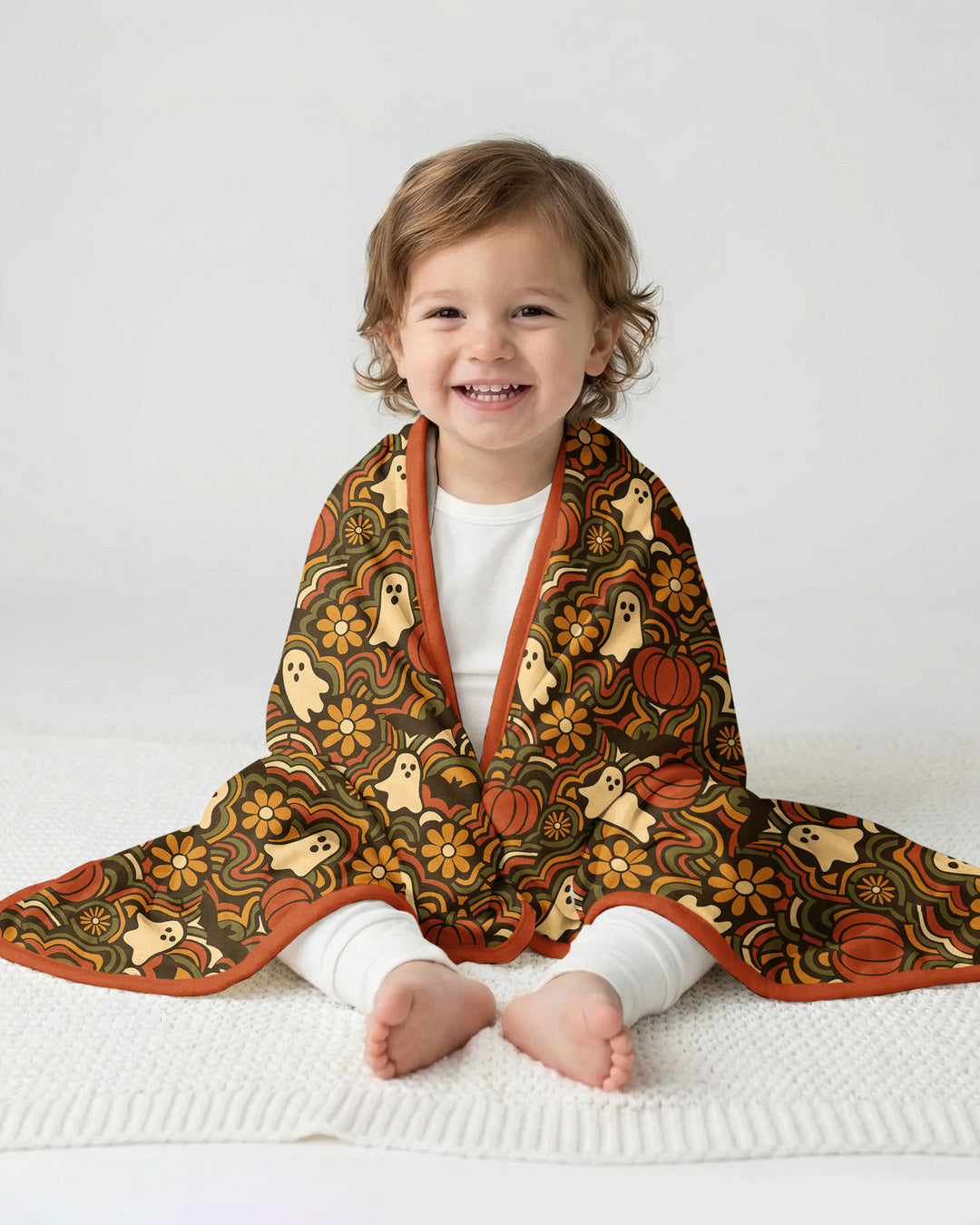 Retro Halloween Ghost Pumpkin Floral Bamboo Blanket