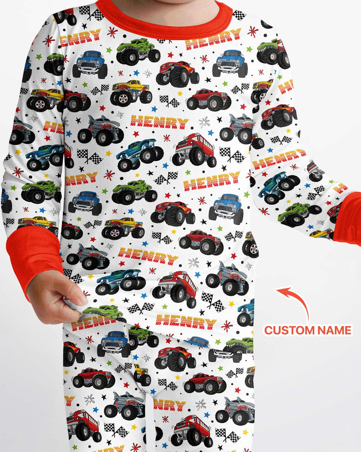 Personalized Monster Trucks Bamboo Two Piece Long Sleeve Pajama Set