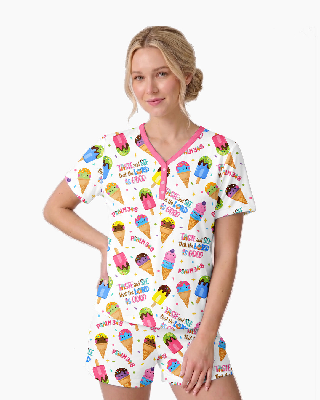 Jesus Summer Ice Cream Taste and See That The Lord Is Good Bamboo Women Short Sleeve Short Pajama Set