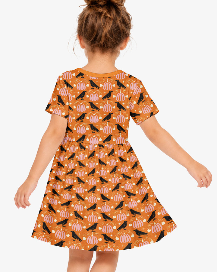 Ravens in a Pumpkin Patch - Orange Pink Bamboo Twirl Dress