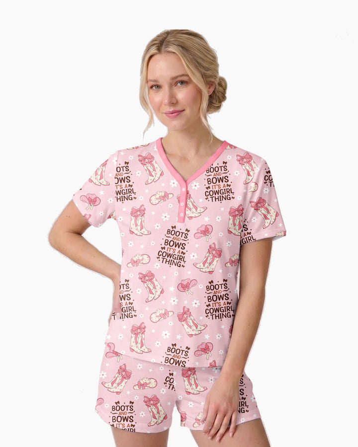 Western Cowgirl Boots And Bows Bamboo Women Short Sleeve Short Pajama Set