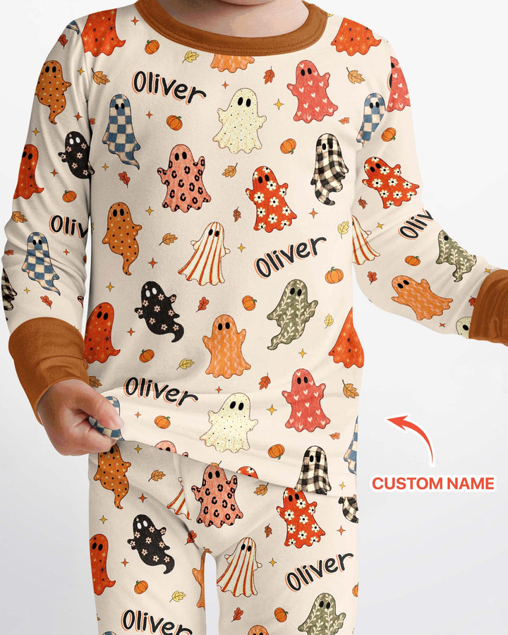 Custom Name Fall Ghost Bamboo Two Piece Long Sleeve Pajama Set