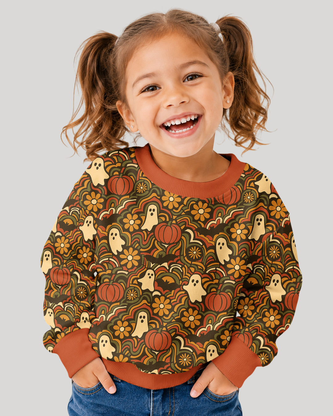 Retro Halloween Ghost Pumpkin Floral Bamboo Crewneck Sweatshirt