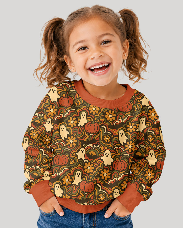 Retro Halloween Ghost Pumpkin Floral Bamboo Crewneck Sweatshirt