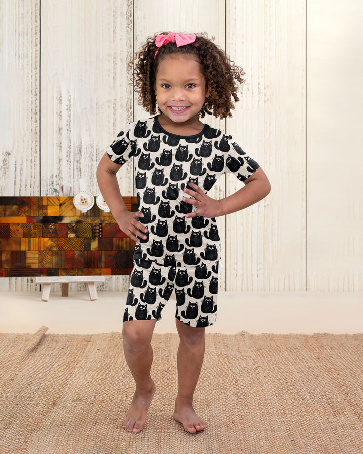 Moody Black Cats in Black and White Bamboo Two Piece Short Sleeve Shorts Pajama Set
