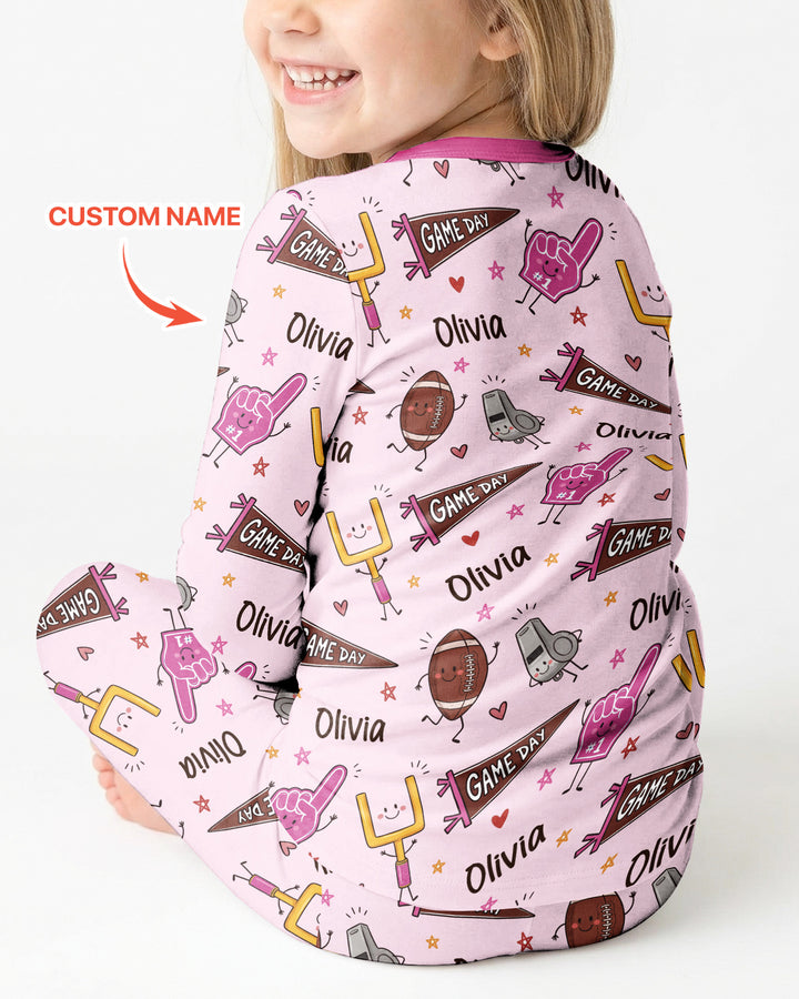 Custom Name Football Game Day Bamboo Two Piece Long Sleeve Pajama Set