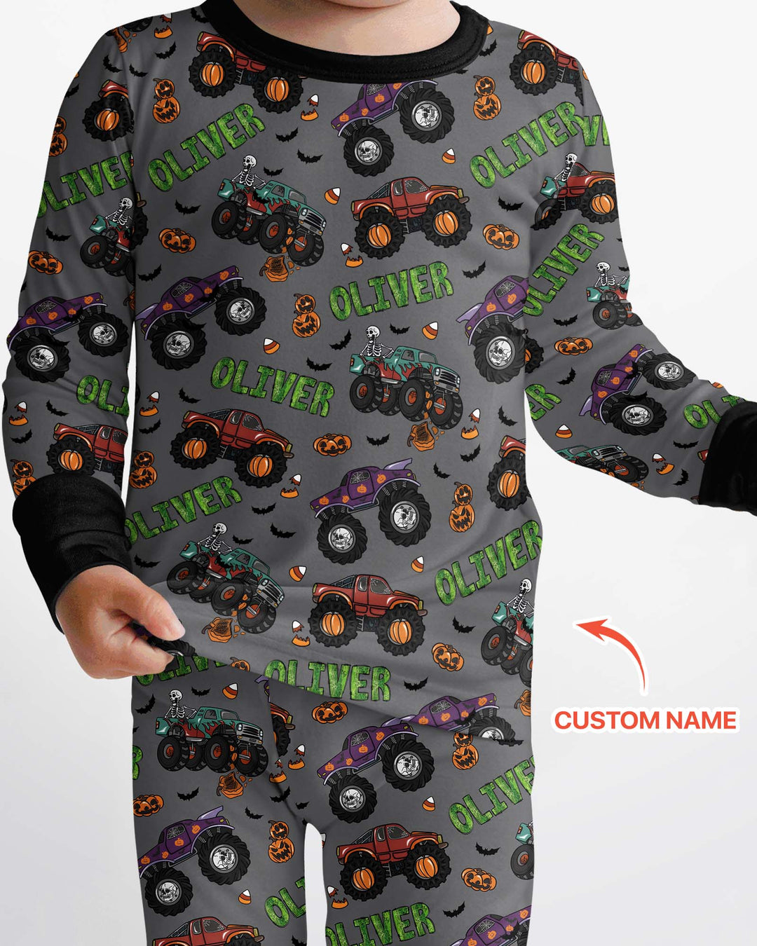 Custom Name Haunted Monster Trucks  Bamboo Two Piece Long Sleeve Pajama Set