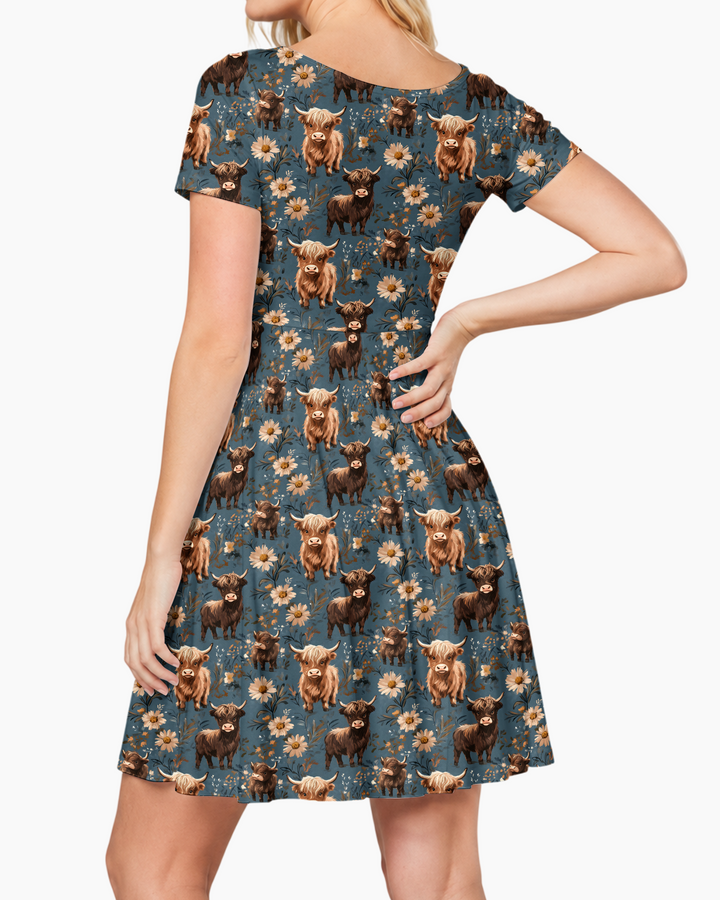 Majestic Highland Cows Family Matching  Bamboo Women’s Short Sleeve Twirl Dress