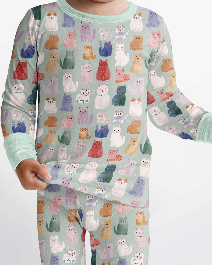 Enchanted Happy Kitty Family Matching Bamboo Two Piece Long Sleeve Pajama Set