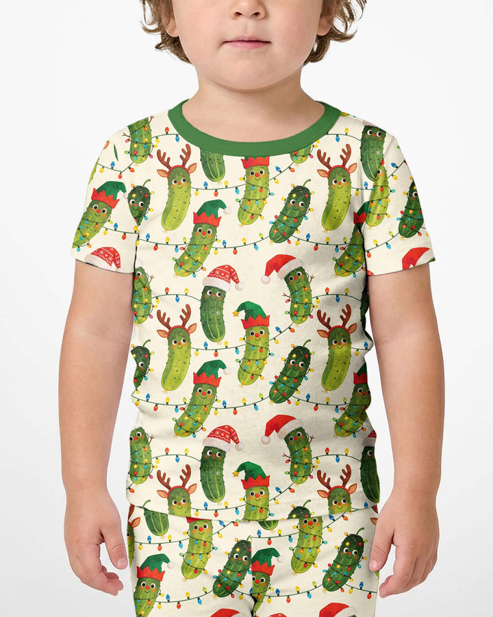 Cheerful Christmas Pickle Bamboo Two Piece Short Sleeve Shorts Pajama Set