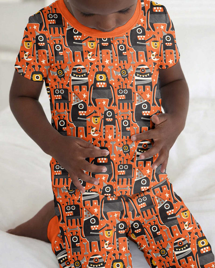 Mid Century Halloween Monster Toss Bamboo Two Piece Short Sleeve Pajama Set