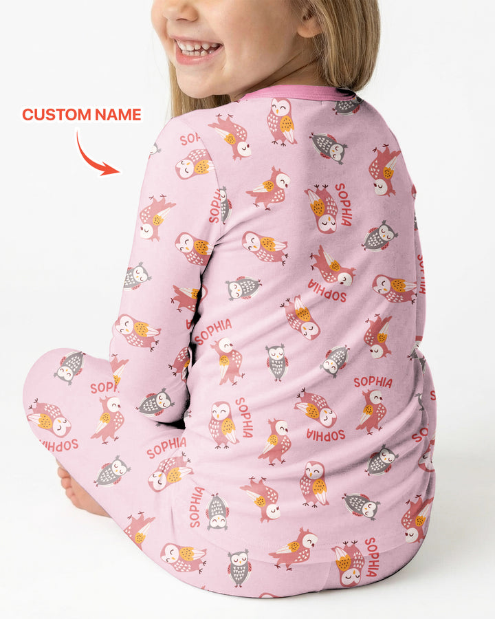 Custom Name Twin Owl Who's Who Bamboo Two Piece Long Sleeve Pajama Set