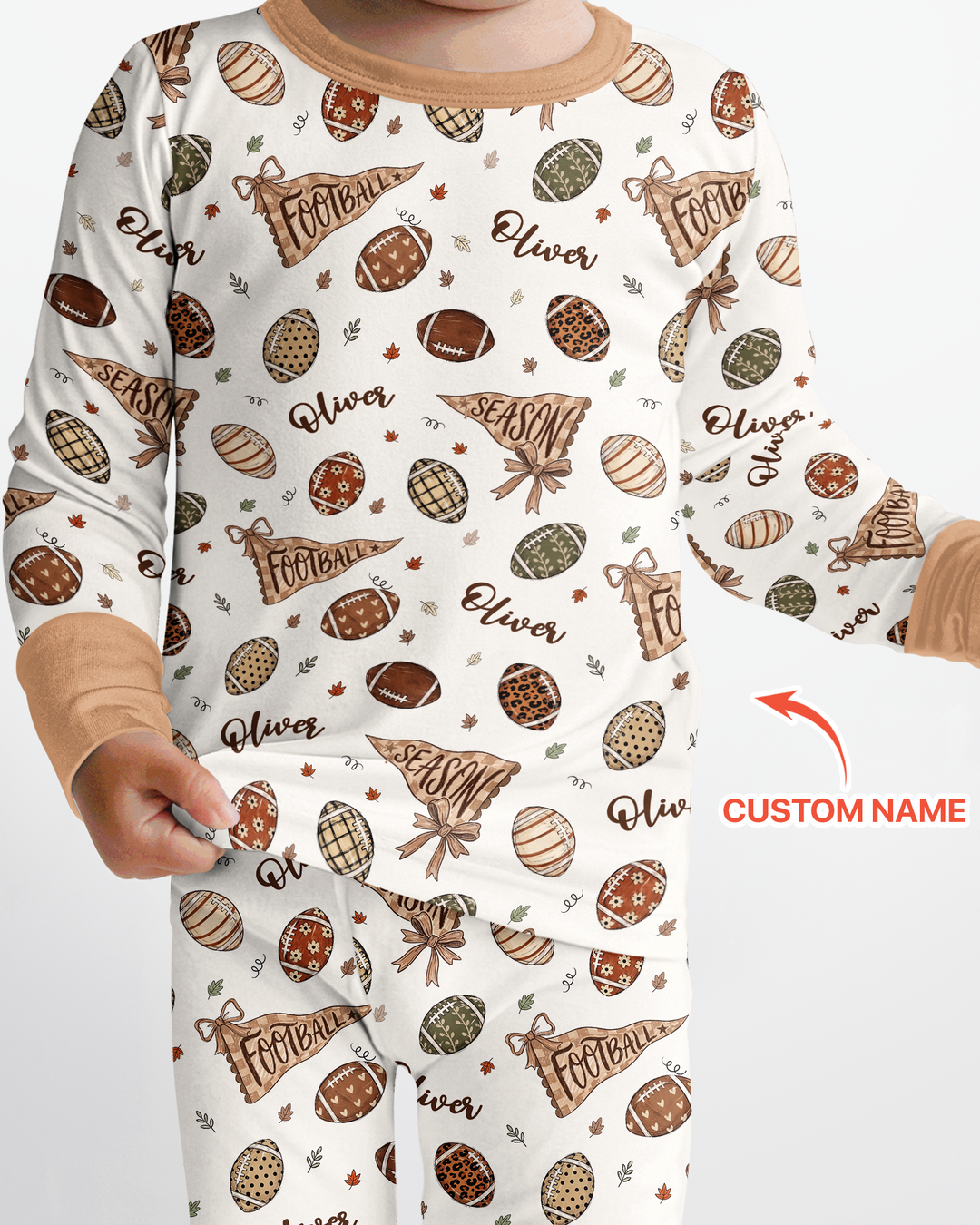 Custom Name Football Fall Season Bamboo Two Piece Long Sleeve Pajama Set