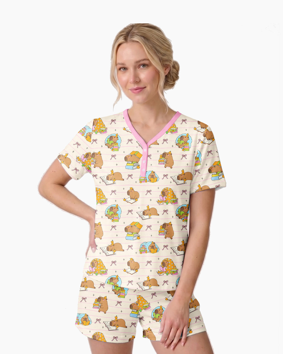 Sweet Study Capy Bamboo Women Short Sleeve Short Pajama Set