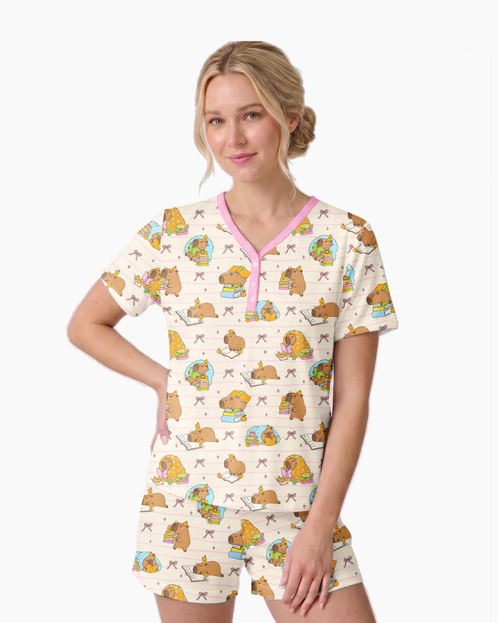Sweet Study Capy Bamboo Women Short Sleeve Short Pajama Set