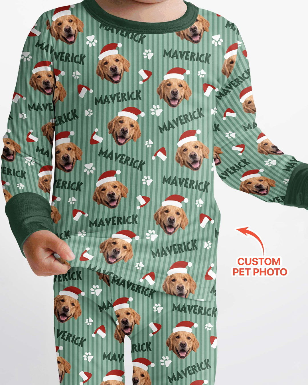 Custom Pet Photo Christmas Paws Stripe Bamboo Two Piece Long Sleeve Pajama Set