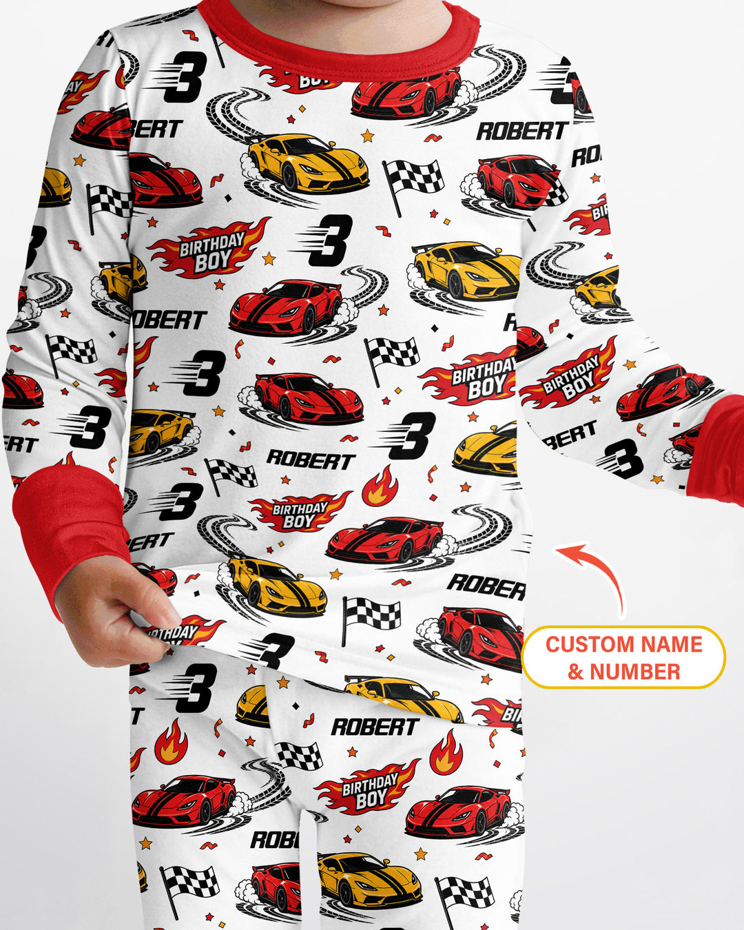 Personalized Racing Car Birthday Boy Bamboo Two Piece Long Sleeve Pajama Set