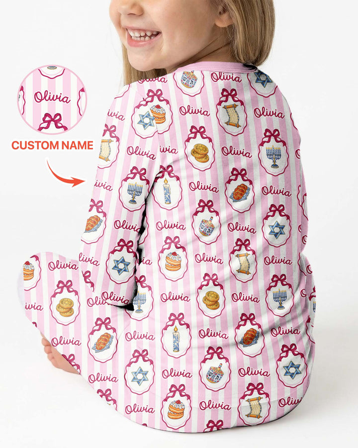 Custom Name Hanukkah Striped Bamboo Two Piece Long Sleeve Pajama Set