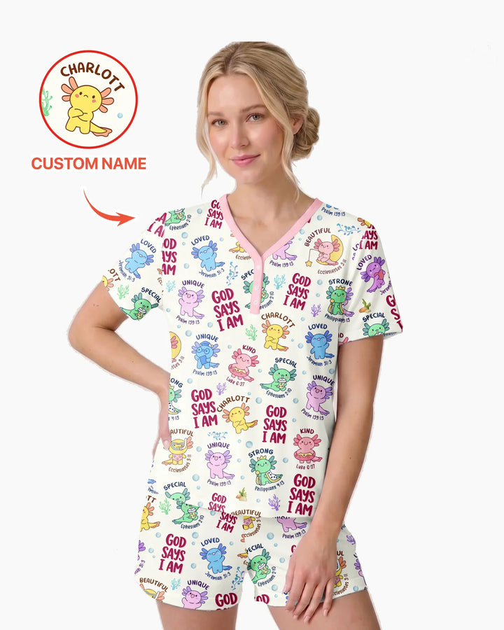 Axolotl God Says I Am Custom Name Bamboo Women Short Sleeve Short Pajama Set