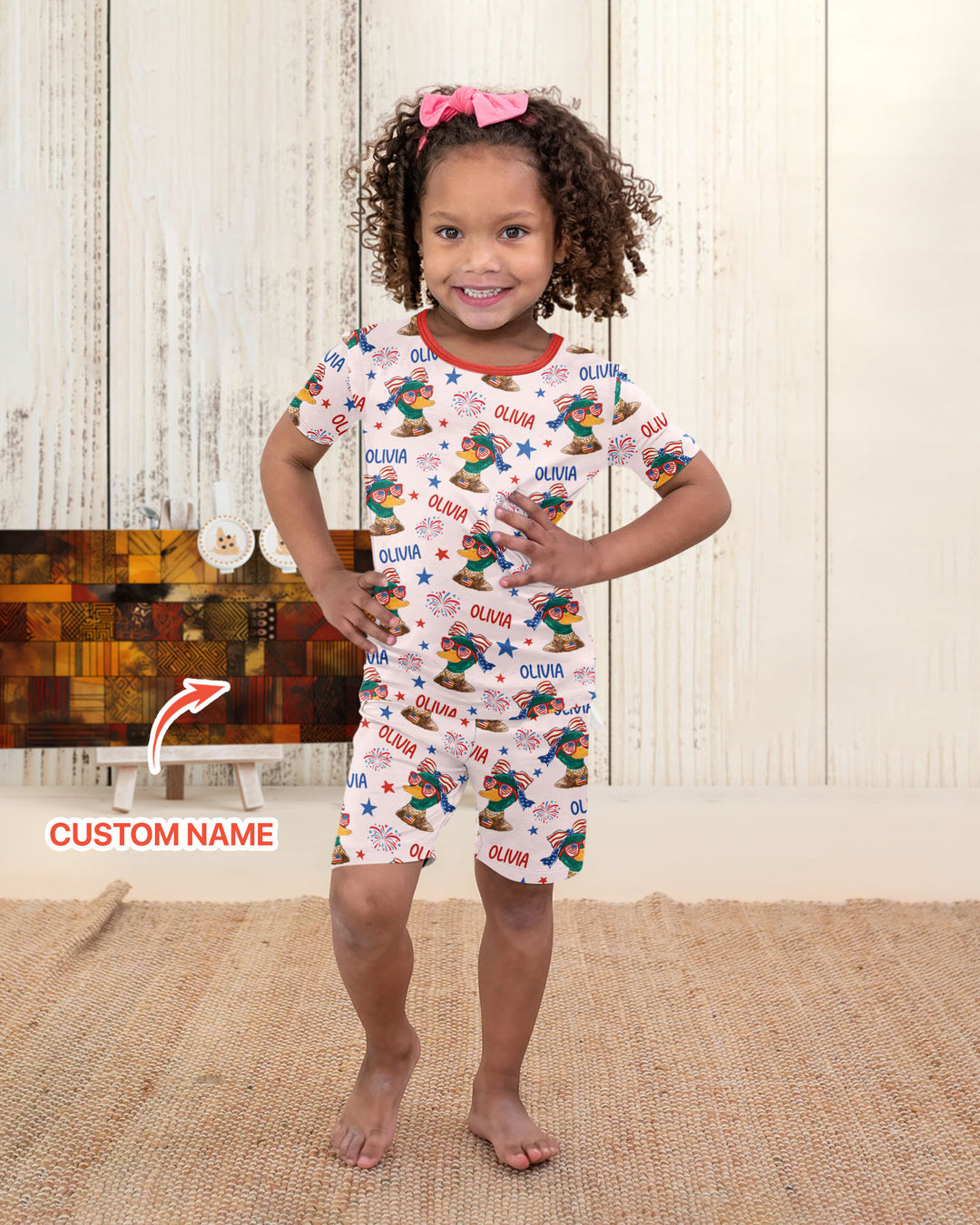 Custom Name Patriotic Mallard Duck Bamboo Two Piece Short Sleeve Shorts Pajama Set