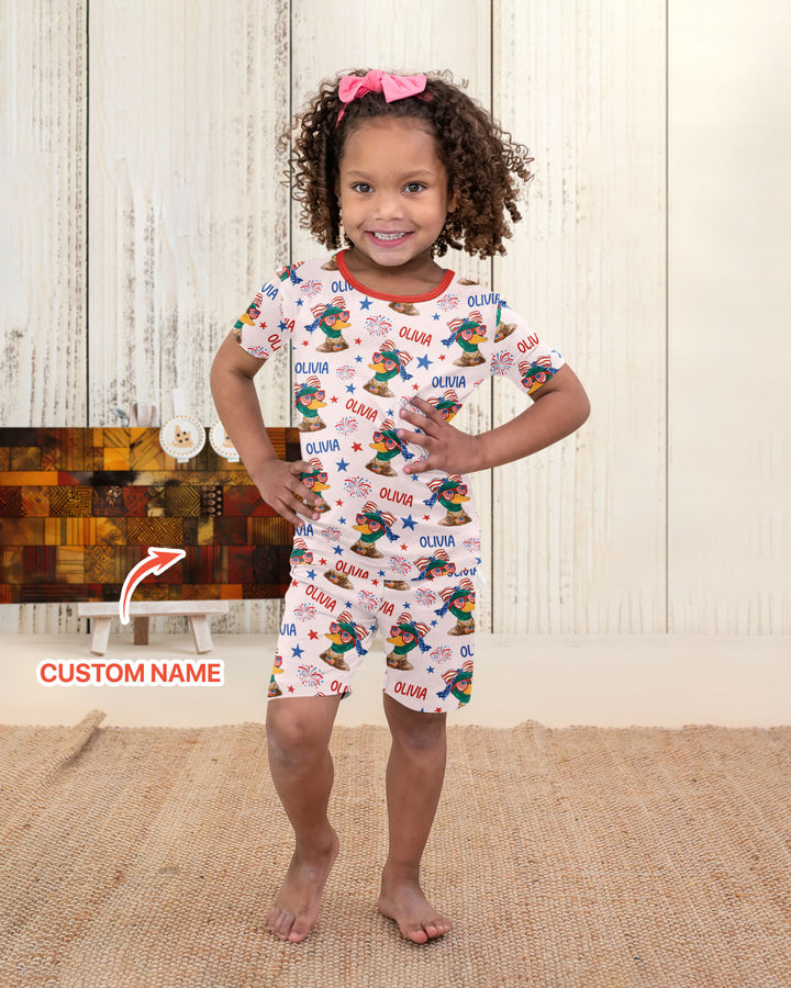 Custom Name Patriotic Mallard Duck Bamboo Two Piece Short Sleeve Shorts Pajama Set