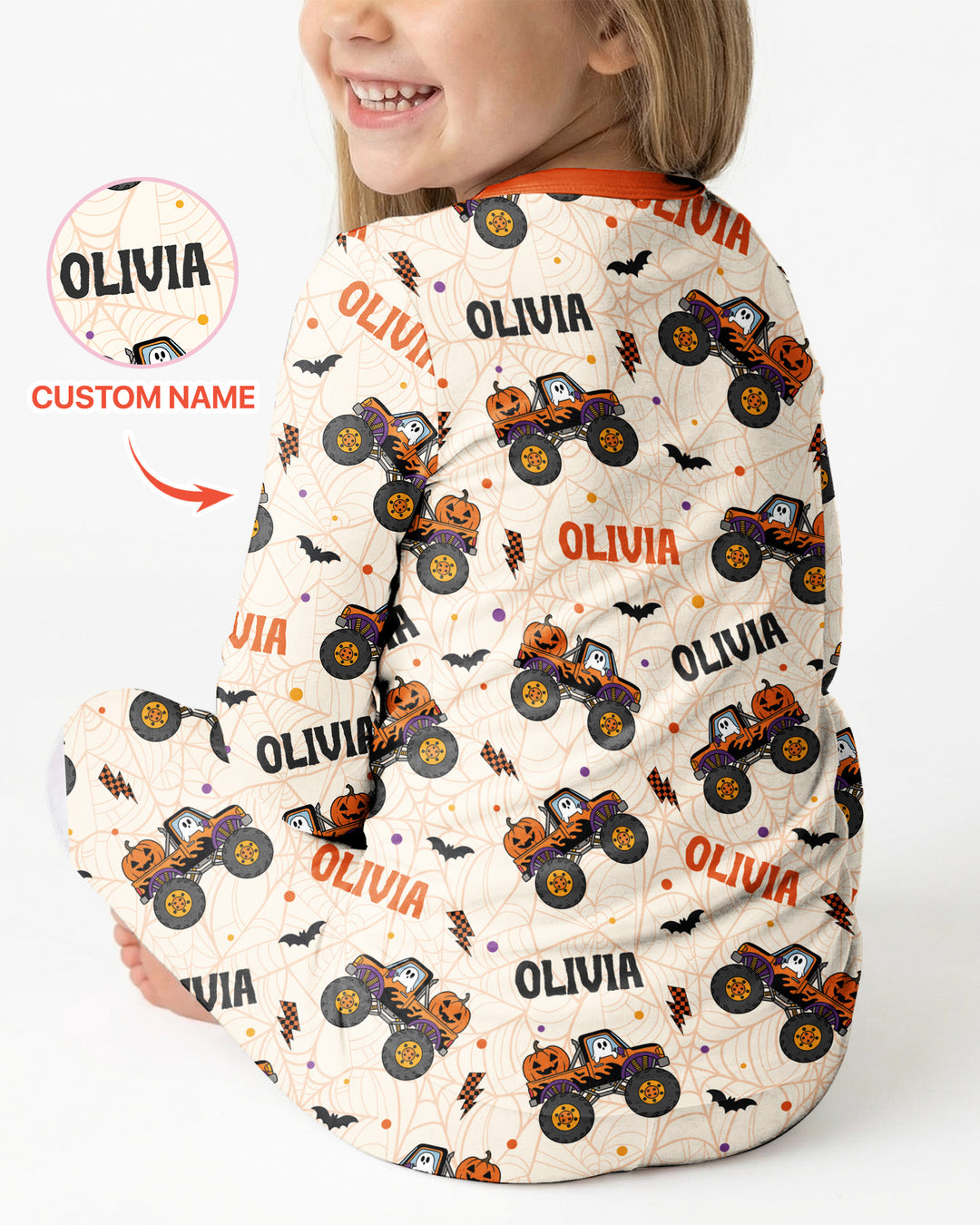 Custom Name Halloween Monster Truck Bamboo Two Piece Long Sleeve Pajama Set