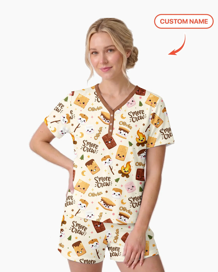 Custom Name Kawaii S'more Crew Family Matching Bamboo Women Short Sleeve Short Pajama Set