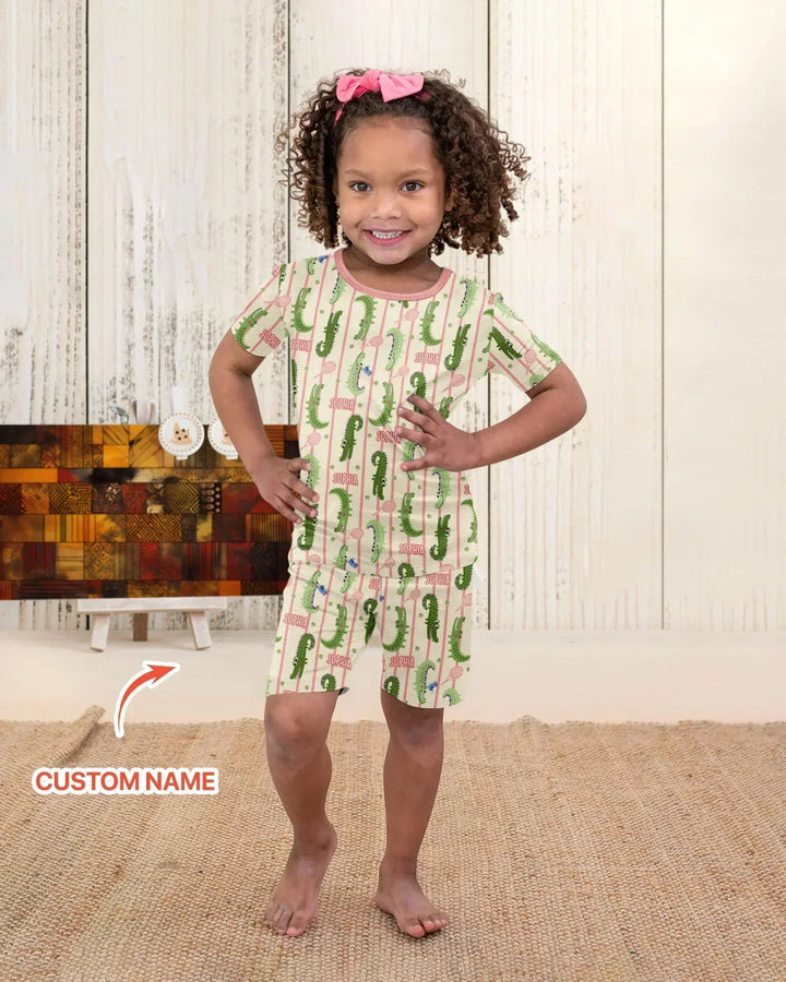Custom Name Tennis Crocodiles Bamboo Two Piece Short Sleeve Shorts Pajama Set