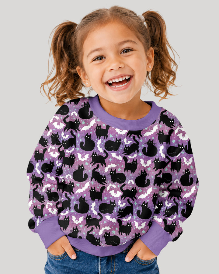 Spooky Black Cat Halloween Purple Bats Bamboo Crewneck Sweatshirt