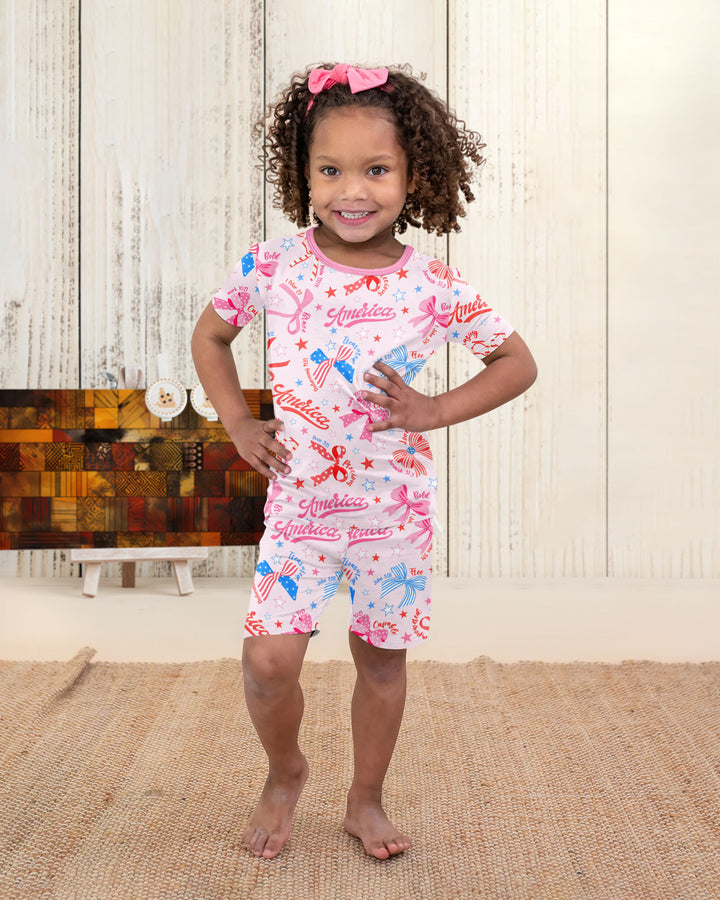 Pink Girly Patriotic  Bamboo Two Piece Short Sleeve Shorts Pajama Set