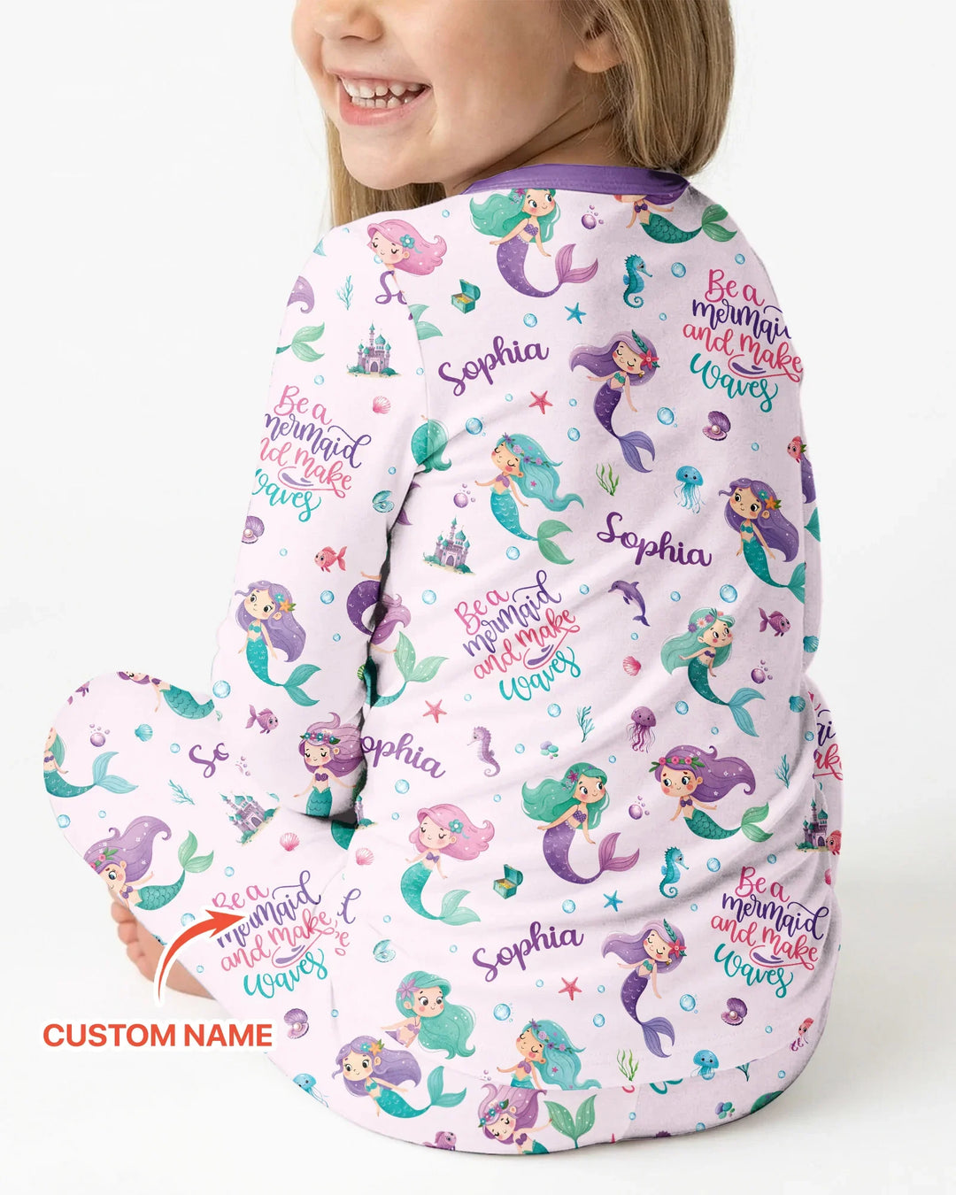 Custom Name Mermaid Make Waves Bamboo Two Piece Long Sleeve Pajama Set