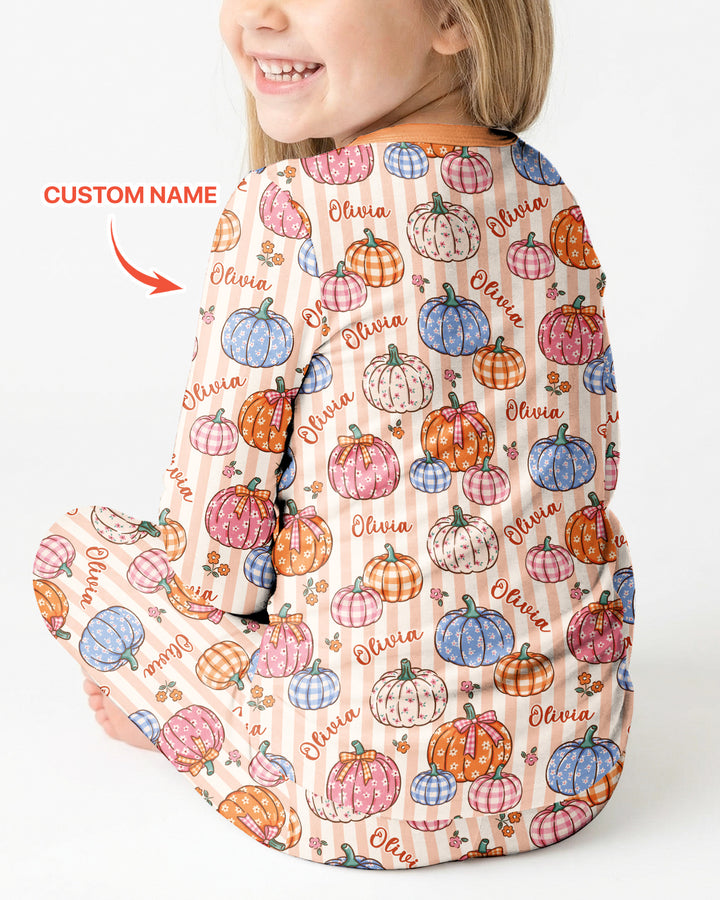 Custom Name Pumpkin Patch Bamboo Two Piece Long Sleeve Pajama Set