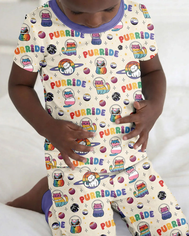 Rainbow Space Cats Family Matching Bamboo Two Piece Short Sleeve Pajama Set