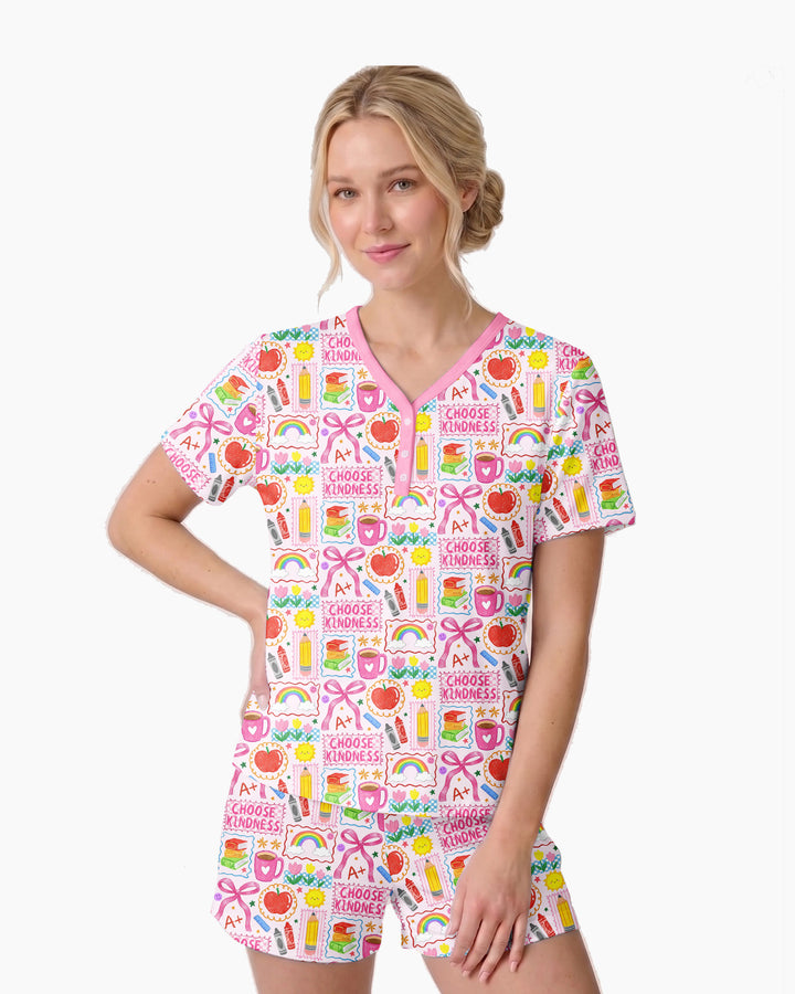 Kindness School Girl Bamboo Women Short Sleeve Short Pajama Set