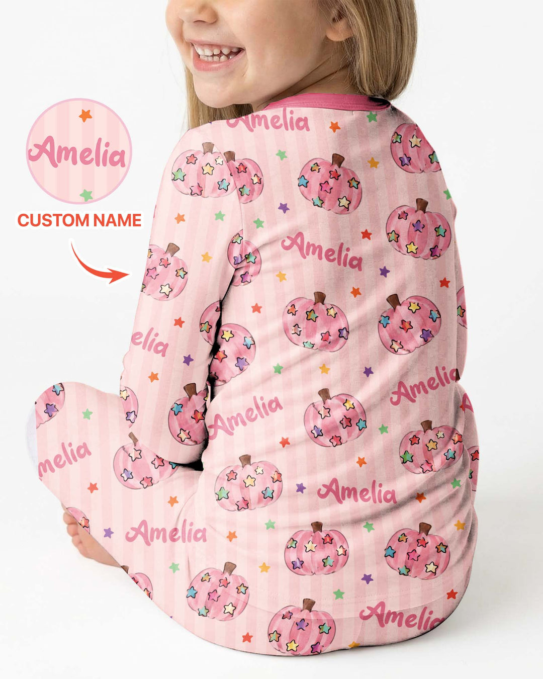 Colorful Star Pumpkin Custom Name Bamboo Two Piece Long Sleeve Pajama Set