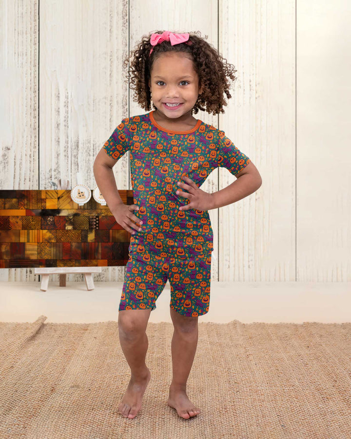 Cats and Pumpkins Bamboo Two Piece Short Sleeve Shorts Pajama Set