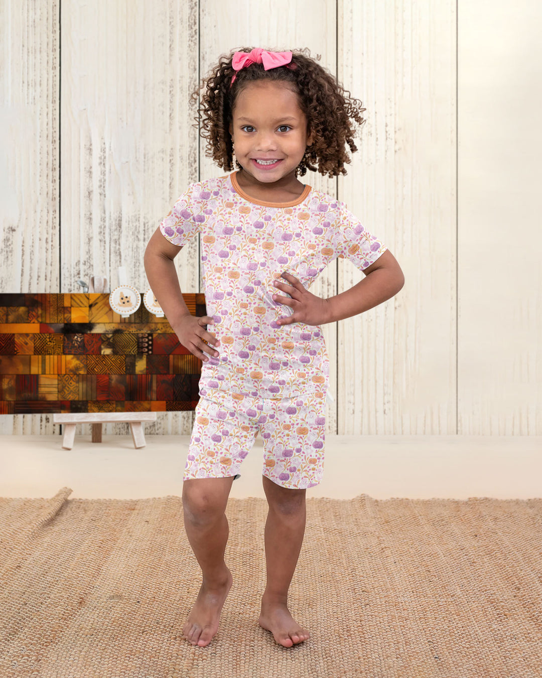 Pastel Pumpkins and Ghosts Bamboo Two Piece Short Sleeve Shorts Pajama Set