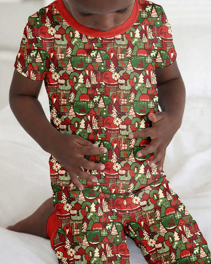 Christmas Time Mosaic Bamboo Two Piece Short Sleeve Pajama Set
