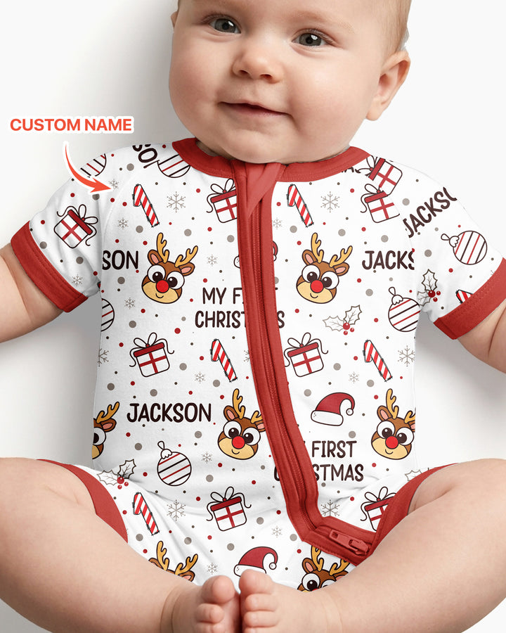 Custom Name Reindeer Doodle My First Christmas Bamboo Shorty Zippy