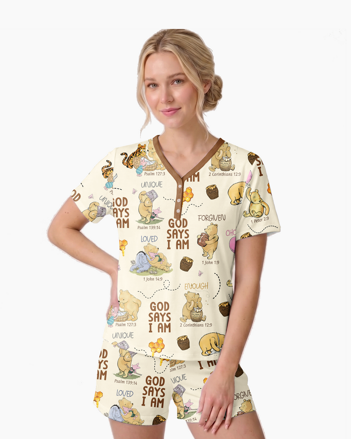 God Says I Am – Little Blessings Bamboo Women Short Sleeve Short Pajama Set