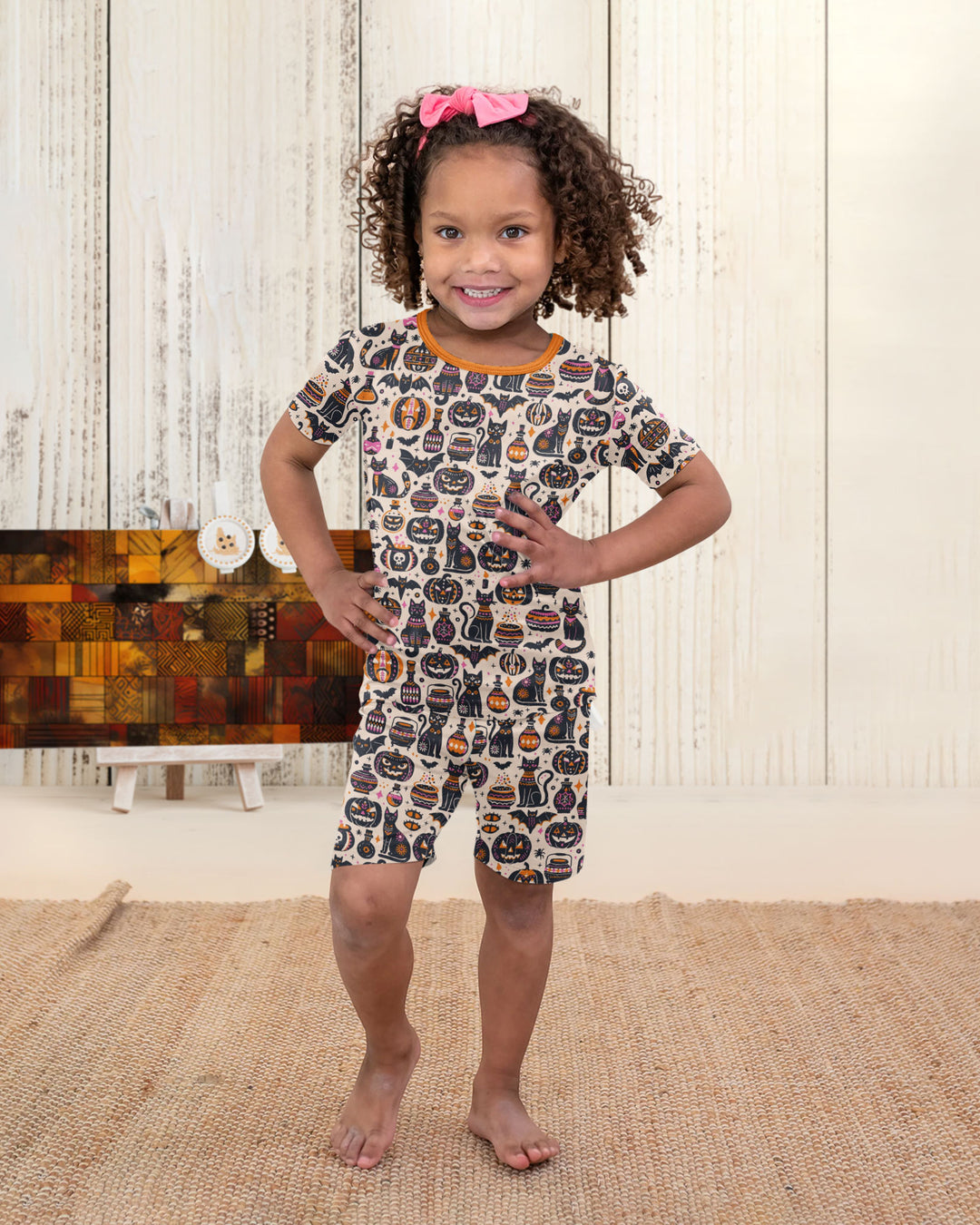 Whimsical Tribal Retro Halloween Black Cats Pumpkins Bamboo Two Piece Short Sleeve Shorts Pajama Set