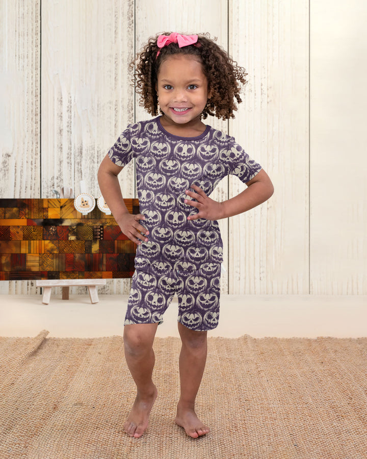 Retro Halloween Jack-O-Lantern Spooky Faces Bamboo Two Piece Short Sleeve Shorts Pajama Set