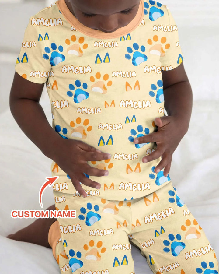 Custom Name Favourite Blue Dog Family Matching Bamboo Two Piece Short Sleeve Pajama Set