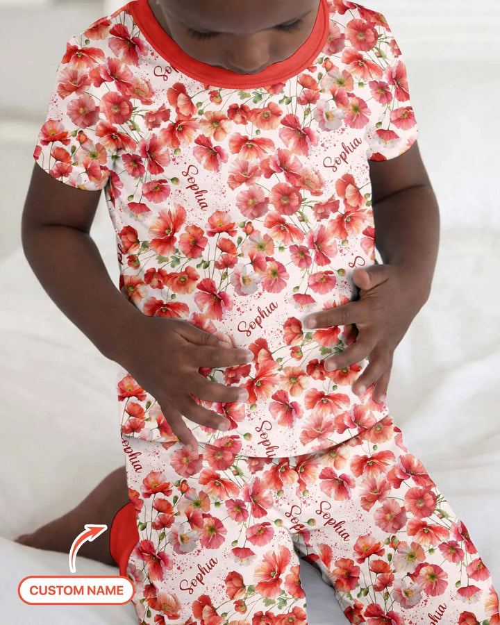 Custom Name Birth Month Flowers Bamboo Two Piece Short Sleeve Pajama Set