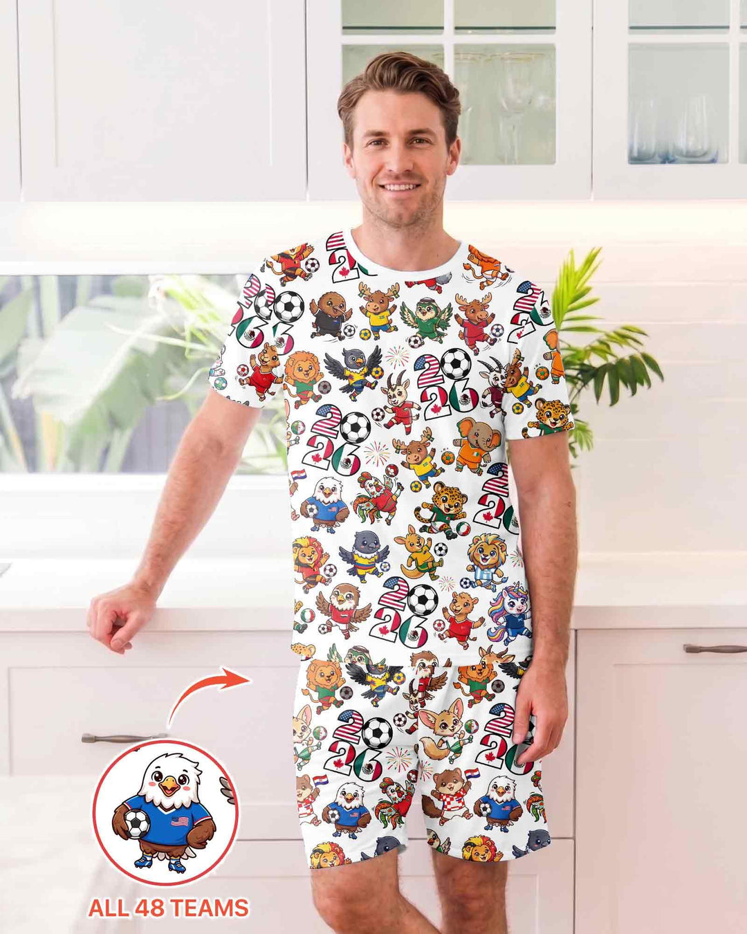 Kawaii Animals Soccer Tour 2026 Family Matching Bamboo Men Short Sleeve Short Pajama Set