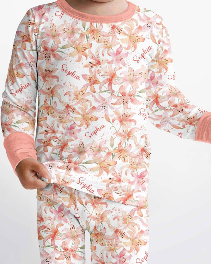 Custom Name Birth Month Flowers Bamboo Two Piece Long Sleeve Pajama Set