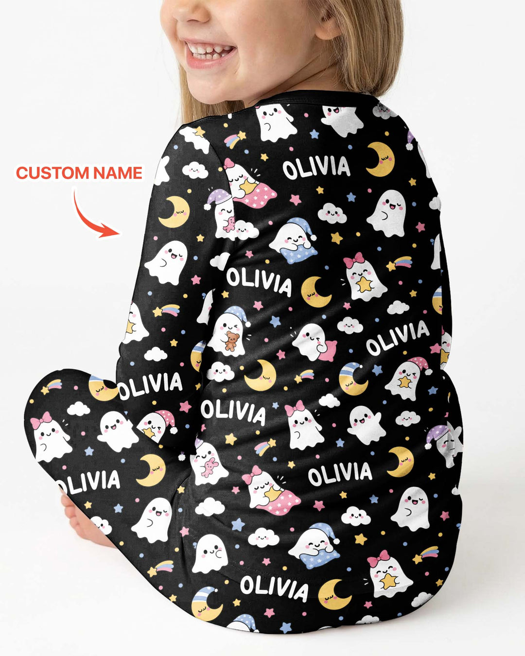 Sweet Dreams Cute Ghost Custom Name Bamboo Two Piece Long Sleeve Pajama Set
